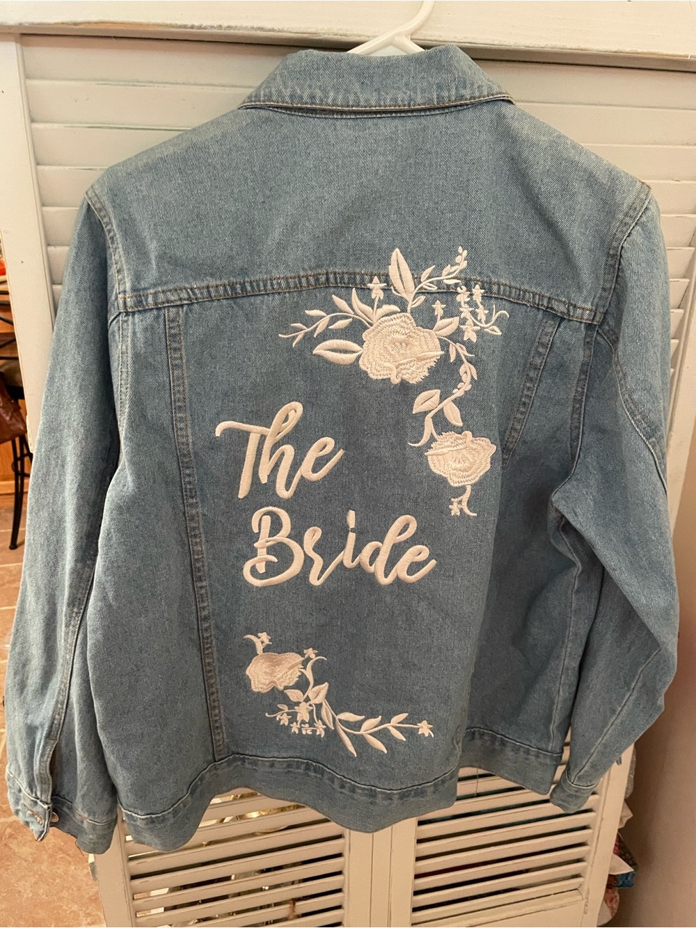 David's Bridal Light Blue Denim Bride Jacket with White Floral Embroidery Large